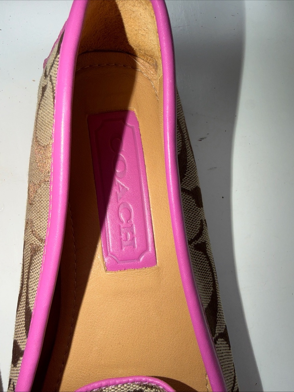 Coach Brown Signature Canvas Loafers with Pink Trim - Picture 4 of 10
